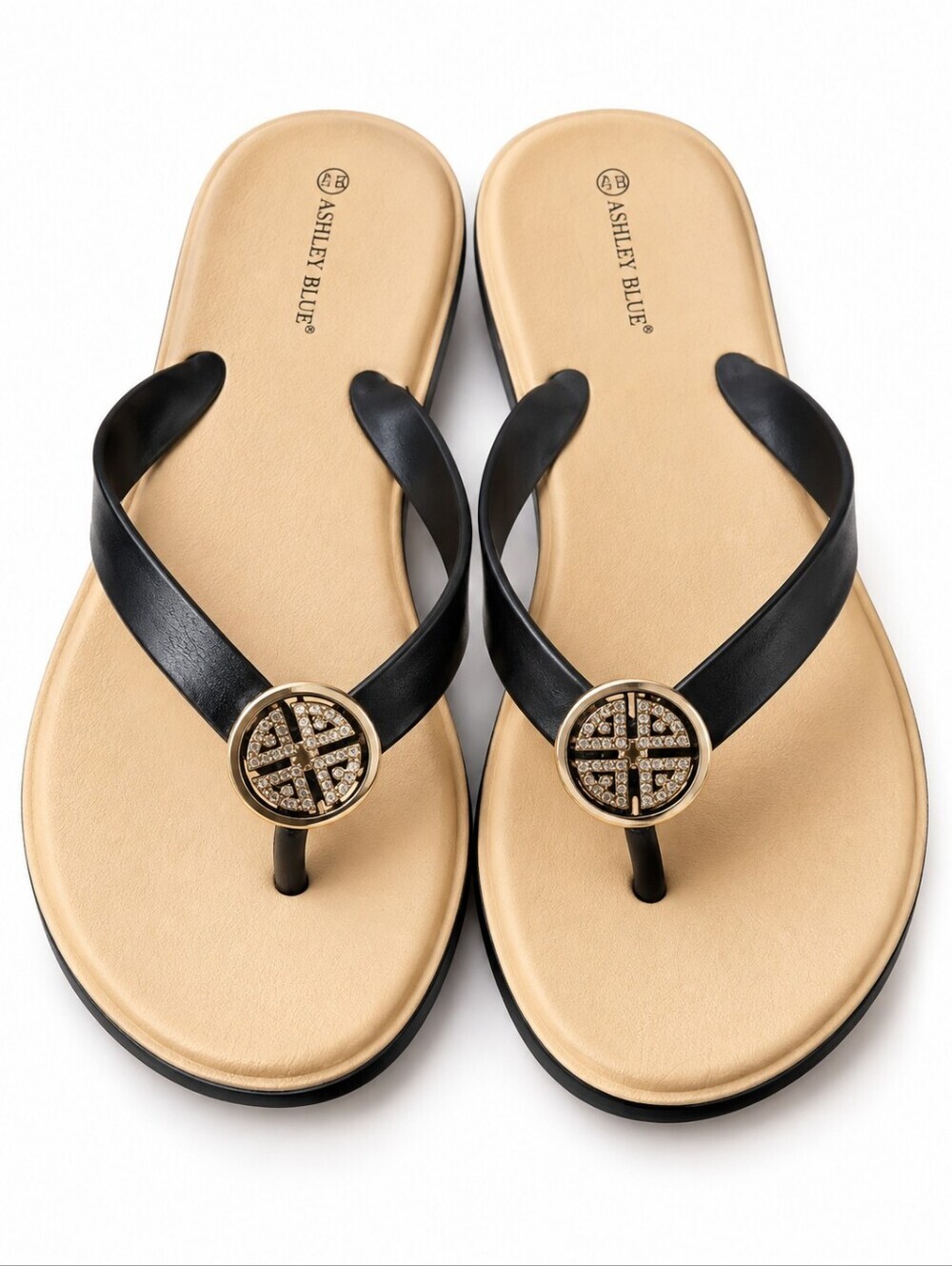 Ashley Blue Black & Tan Embellished Thong Sandals - Size 7/8